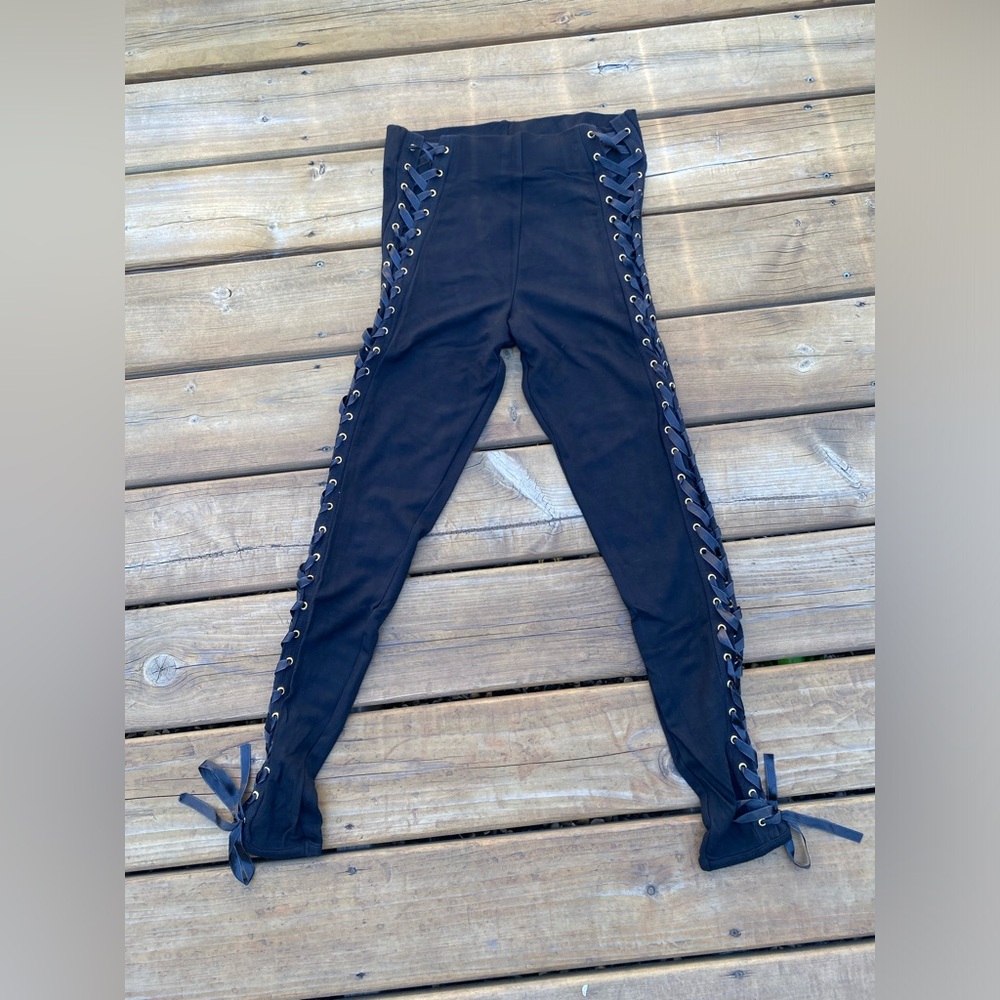 Topshop LACE UP SIDE SLIM Leggings in Black PANTS US 6